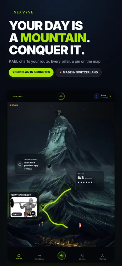 NEXVYVE progress screen with the route of your plan drawn as a mountain