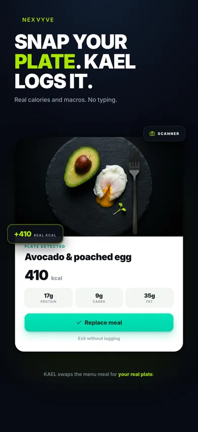 NEXVYVE food scan screen with a plate of avocado and egg and its calories