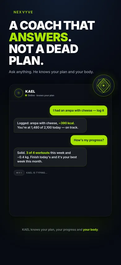 Chat with KAEL in NEXVYVE: it answers a question about food and progress