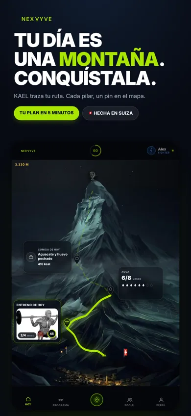 Pantalla de progreso de NEXVYVE con el recorrido de tu plan dibujado como una montaña