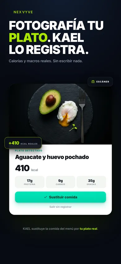 Pantalla de escaneo de comida de NEXVYVE con un plato de aguacate y huevo y sus calorías