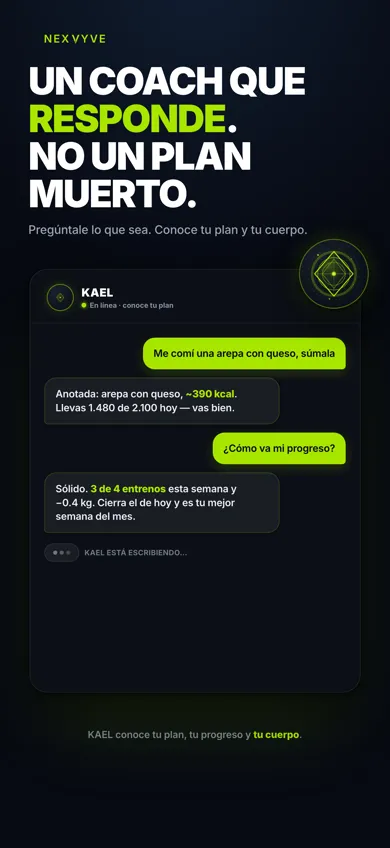 Chat con KAEL en NEXVYVE: responde a una pregunta sobre la comida y el progreso